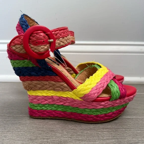Alice + Olivia Josiey Rainbow Raffia Wedge Sandals Size 8 Colorful Platform Shoe - Picture 6 of 16